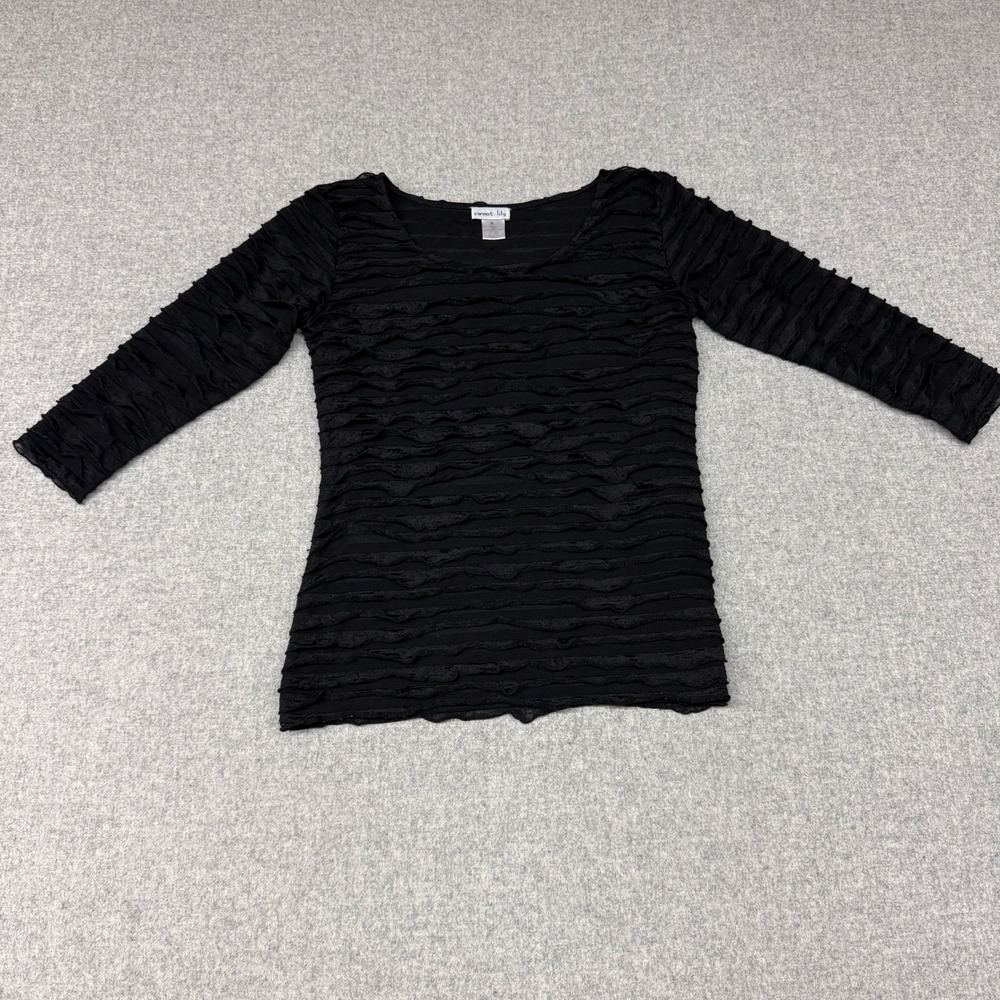 Sweet Lily Textured Ruffle Blouse Small Black 3/4 Sleeve Scoop Neck Top